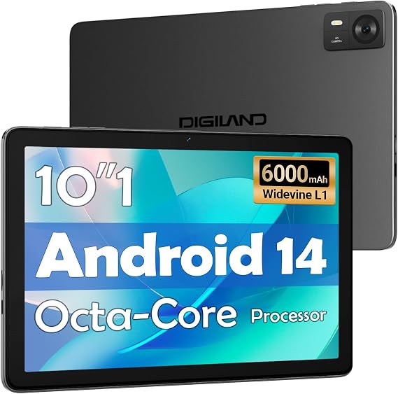 DigiLand 10.1" Android 14 Tablet | 10GB RAM (4GB+6GB Expansion) | 64GB ROM | MTK Helio G80 Octa-Core | Dual Camera & Speakers | 12H Battery | WiFi/BT5.0 | Includes Case, Adapter, USB