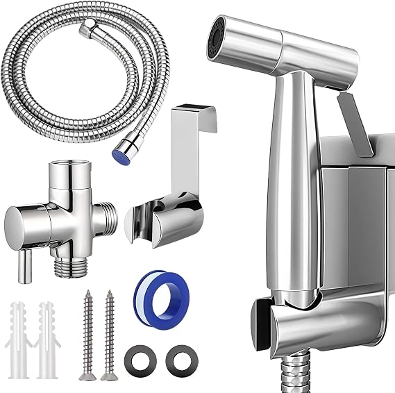 Handheld Bidet Sprayer Kit, Stainless Steel Toilet Bidet Shower with T-Valve Adapter & Hose, Easy Install Shattaf for Personal Feminine Hygiene, Baby Diaper, Pet Bath and Toilet Cleaning (Silver)