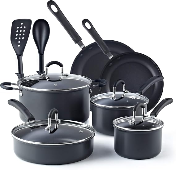 Cook N Home Professional Pots and Pans Nonstick Hard Anodized Cookware Set, Dishwasher Safe with Stay-Cool Handles, 12-Piece, Black