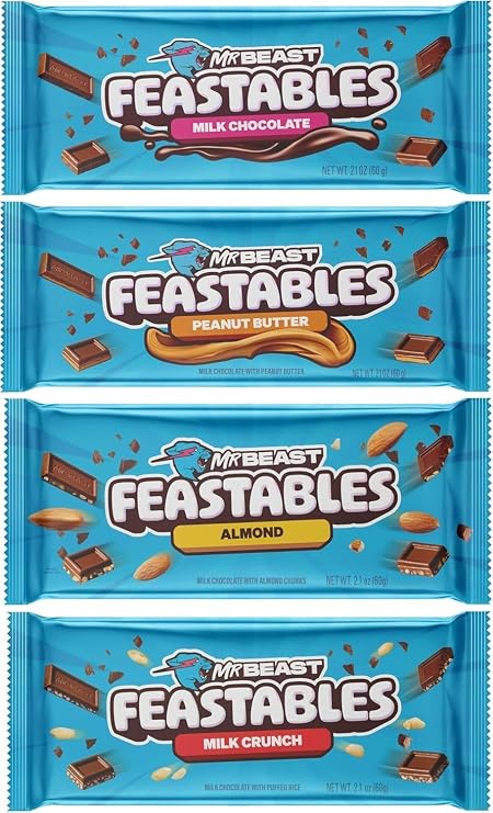 Beast Feastable Chocolate Bar Mix Bundle | x1 Milk Chocolate | x1 Almond Milk Chocolate | x1 Milk Crunch | x1 Peanut Butter | 4 x 60g Bars