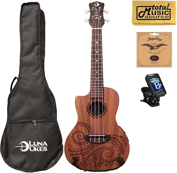 Luna Guitars A/E Concert Tattoo LEFTY w/Strings,Tuner & PC
