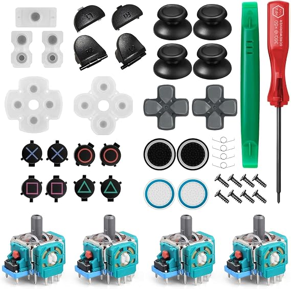 Controller Thumbsticks Replacement Pads Full Set Compatible with PS4 Includes L1 R1 L2 R2 Triggers Springs and Conductive Rubber Pad Button Repair Replacement Parts