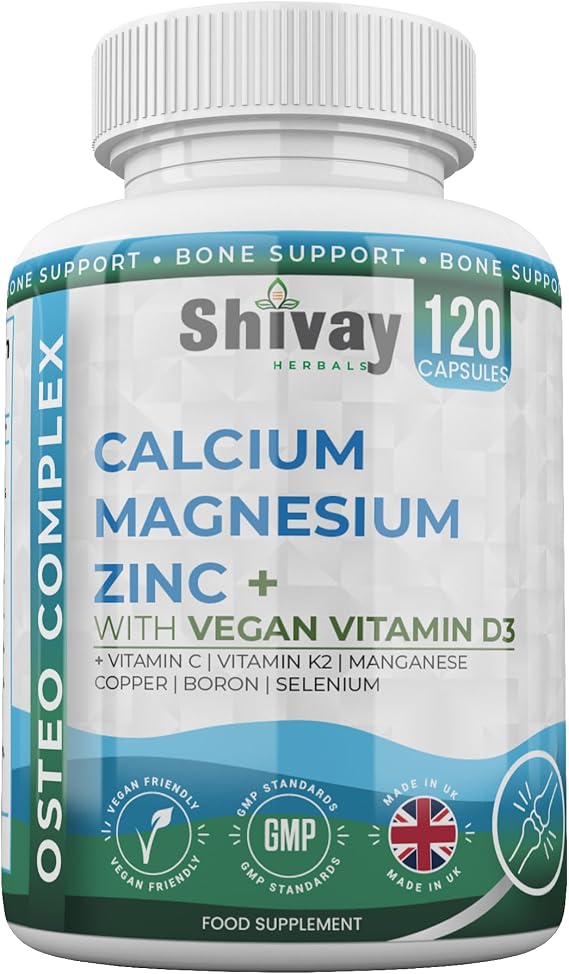 Osteo Complex – Calcium, Magnesium, Zinc & Vegan Vitamin D3 K2 – Complete Bone Support with Vitamin C, Manganese, Copper, Boron, Selenium 120 Vegan Capsules - 2 Month Supply – Made in UK Shivay Herbal