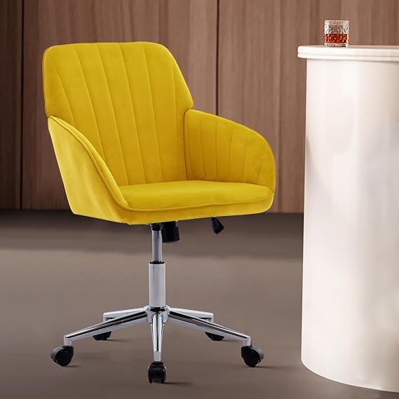 Velvet Swivel Vanity Chair with Wheels, Metal Base