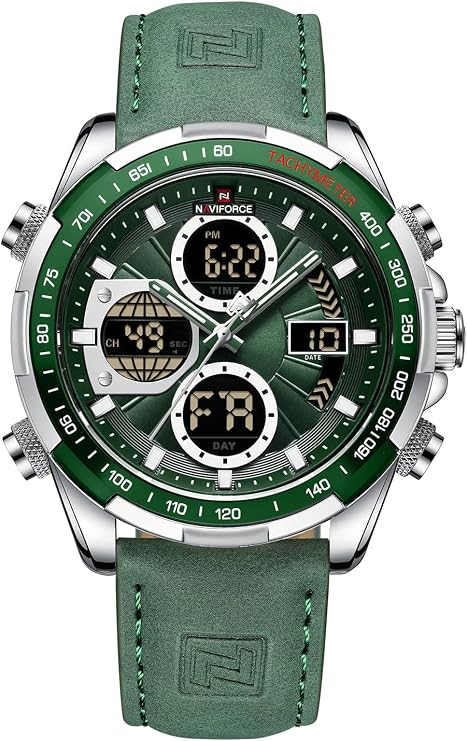 NAVIFORCE Digital Watches Men Luxury Leather Analog Quartz Waterproof Wrist Watch Fashion Business Chronograph Military Multifunction Wrist Watch, Silver, Chronograph, Digital