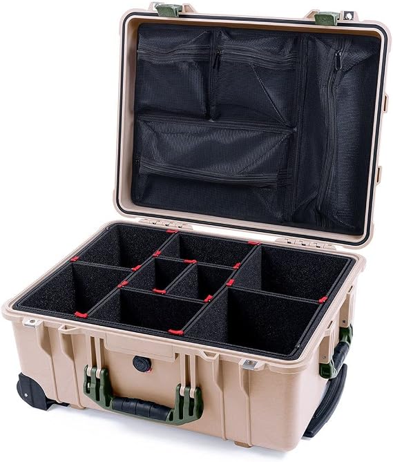 ColorCase Pelican Protector 1560 Case Desert Tan - Waterproof Case with TrekPak Divider System & Mesh Lid Organizer - OD Green Handles & Latches