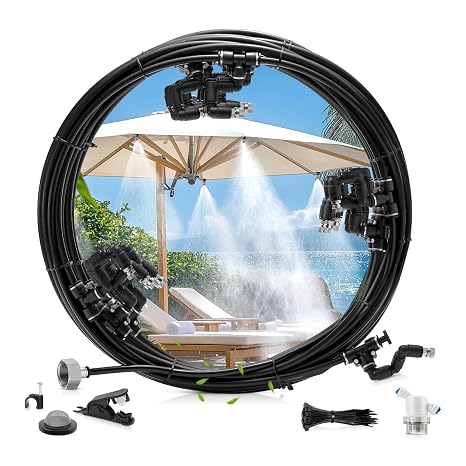 Outdoor Misting Cooling System,49FT (15M) Misting Line + 3/4 Threaded Adapter + 13 Adjustable 360 Nozzles, Garden, Greenhouse, Misters for Outside Patio
