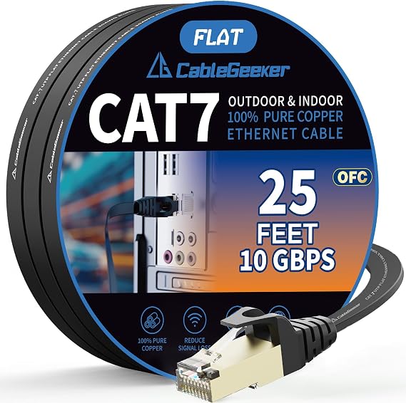 CableGeeker Cat7 Shielded Flat Ethernet Cable, 25 ft, 10Gbps, Black