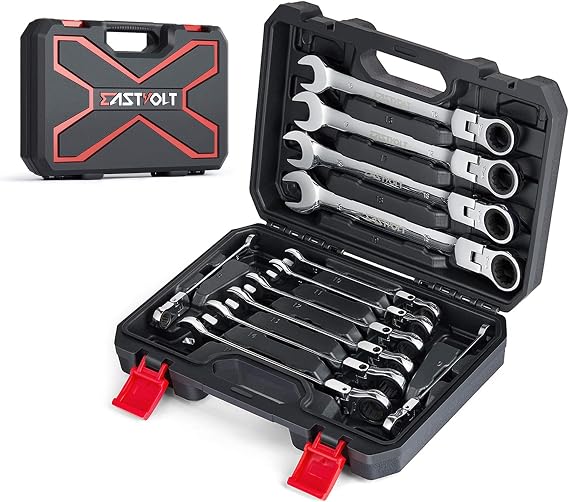 Eastvolt 12-Piece Flex-Head Ratcheting Wrench Set, Metric 8mm-19mm, Combination Ended Spanner kits, Chrome Vanadium Steel with Toolbox, EVHT1201