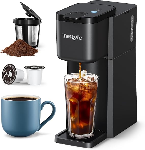 Tastyle Mini Single Serve Iced and Hot Coffee Maker for K Cup and Ground, 6 to13 Oz Brew Sizes, with Recipe Book, One Cup Small Pod Coffee Makers for Home, RV and Office