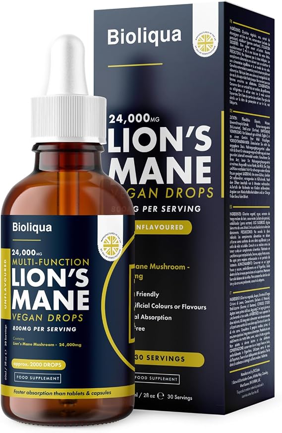 Lions Mane Supplement Liquid Drops - High Strength of 24,000mg per 60ml Bottle at 4X Concentration - Vegan - 1 Month Supply of Premium Lions Mane Extract - Made in UK by Balance (Single Pack)
