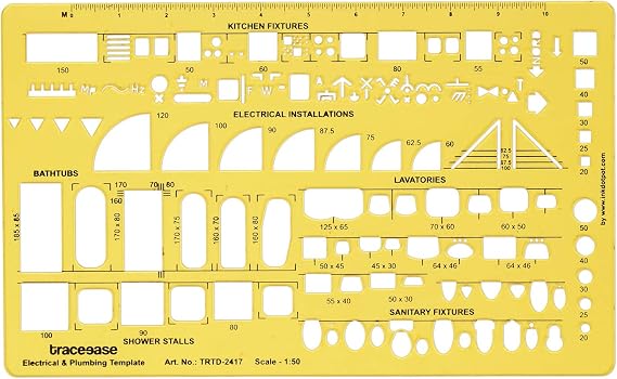Traceease Plumbing and Electrical Drafting Guide Stencil - Architecural Layout Planning Templates with Bathroom Fixtures, Kitchen Layout, Wiring Symbols for Floor Plan Design, Technical Drawing Tool