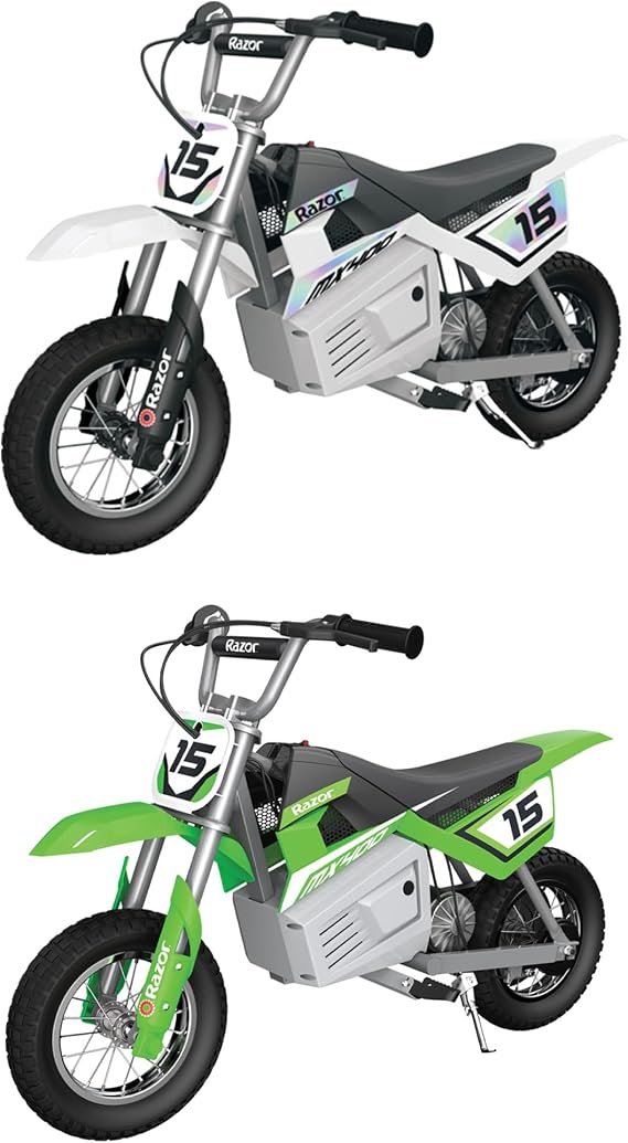 Razor MX400 Dirt Rocket 24V Ride On High-Torque Electric Motocross Motorcycle Toy Dirt Bikes, Speeds up to 14 MPH, for Ages 13+, 1 White & 1 Green