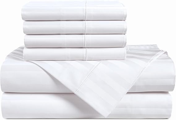 Casa Platino 100% Egyptian Cotton Sheets California King Size Set - 6 Pieces - Damask Stripe - 1000 Thread Count - Smooth Sateen Weave Bed Sheets, 15" Deep Pocket - Pure White Sheet Set