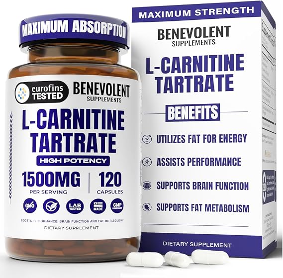 Benevolent L Carnitine Supplement - High Potency 1500mg 120 Capsules | L-Carnitine Tartrate - Fast Absorbing, Convert Fat to Energy, Support Lean Muscle, Boost Workout Performance & Metabolism