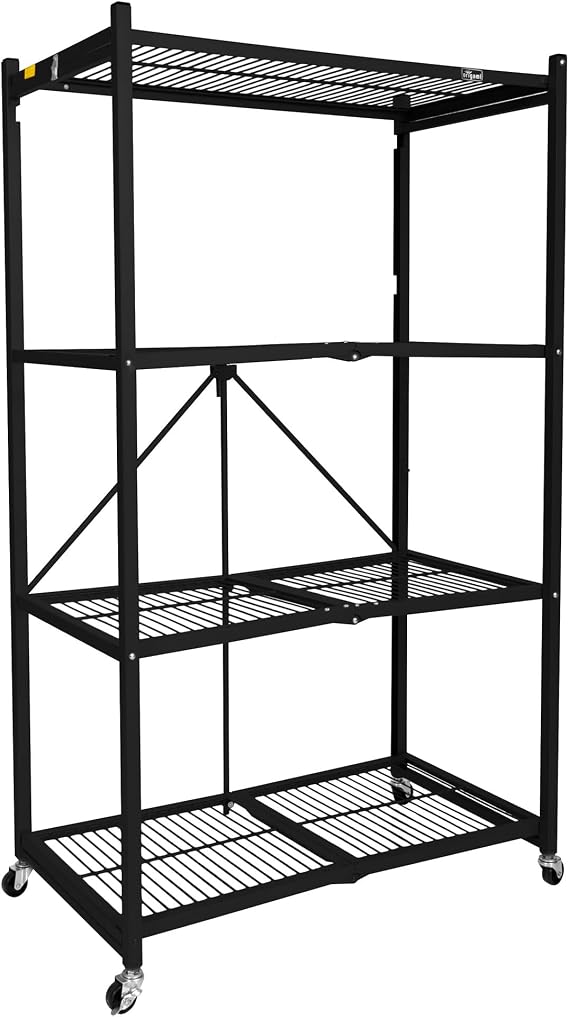 Origami R5 4-Tier Folding Storage Rack with 4 Magnetic Shelf Liners, Black
