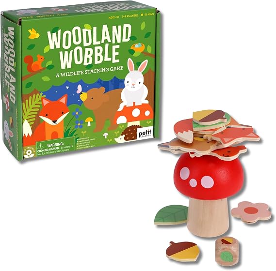 Petit Collage: Woodland Wobble | Wooden Stacking Game for Kids | Roll the Die and Stack the Objects on the Mushroom | Don't let the Tower Fall!| Great for Ages 4+