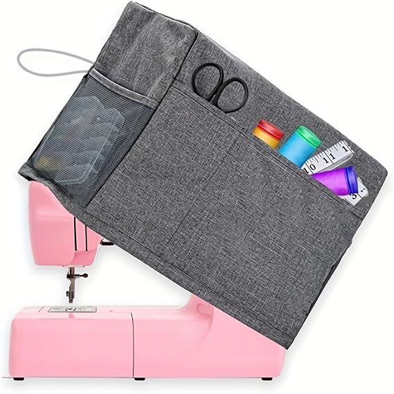 Sewing Machine Cover with Storage Pockets, Foldable Dust Protector Oxford Cloth Sewing Machine Case, Washable Dustproof Sewing-Machine Cover for Domestic Machines Accessory, Grey