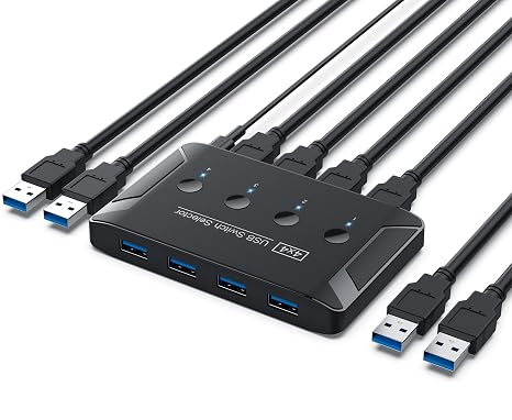 USB 3.0 Switch Selector 4 Port, 4x4 USB Sharing Switcher for 4 Computers Share 4 USB Devices, 5Gbps High Speed One-Button Switch with LED Indicator, Driver Free for Printer Scanner Keyboard Mouse