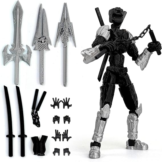 T13 3D Printed Action Figure - Fully Assembled Collectible, 3D Printed Anime Robot Toy with Interchangeable Hand & Weapons, Action Figures for Boys (Black Silver)