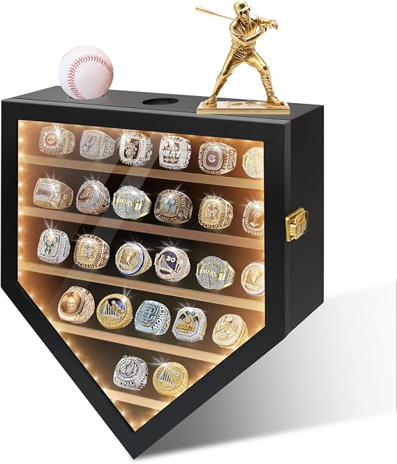 JUMPOW 25 Posts Championship Ring Holder Display Case with LED Light | Wall Mount, Wooden Shadow Box, Fade-Resistant Matte Finish, Clear Acrylic Panel, Blocking Dust, Filtering out Most UV Rays