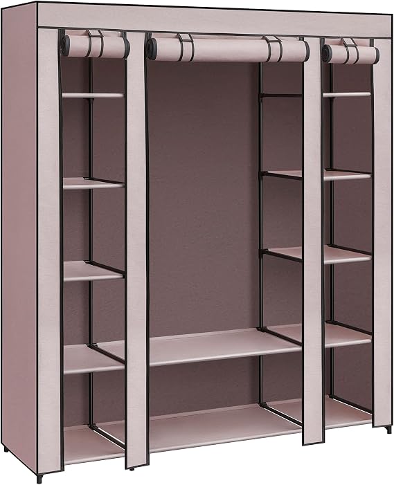 SONGMICS Wardrobe, Fabric Covered Folding Cabinet with 12 Shelves, Metal Frame, Dusky Pink LSF003P02
