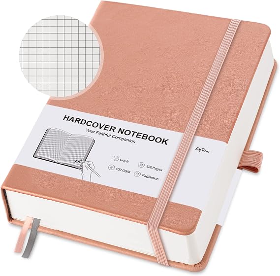 Journal Notebook - A5 Note Book Hardcover Thick Notepad 320 Numbered Pages for Writing,100gsm Paper, Leather Hardcover, for Women Men Work Office School,14.5 x 21cm (Graph, Pink)