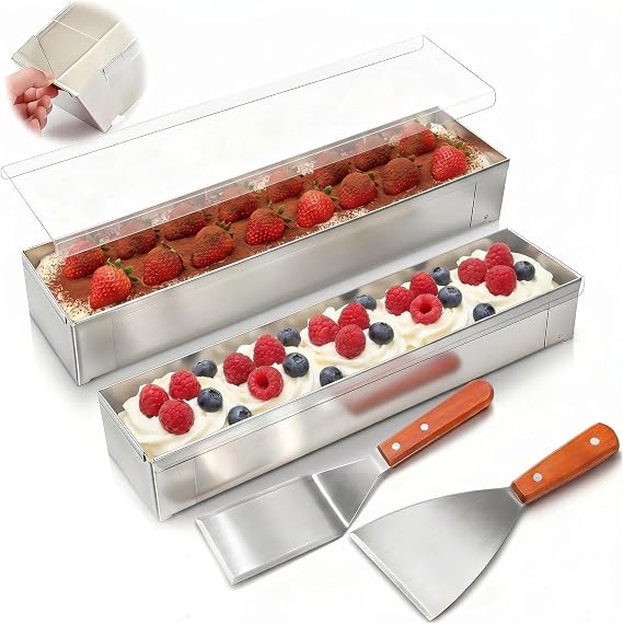 2 Pcs Tiramisu Pan Stainless Steel Rectangle Cake Pan Set with Acrylic Lid and 2 Metal Spatula- Nonstick Baking Mold for Cheesecake, Mousse & Desserts
