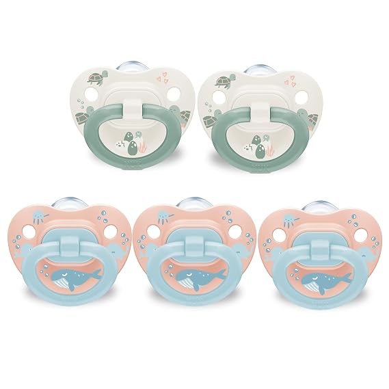 NUK First Choice Classic Orthodontic Baby Pacifier, 18-36 Months Toddler Pacifier, Blue & Orange, Baby Must Haves, 5-Pack