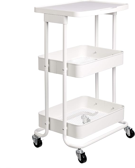 Amazon Basics 2-Tier Rolling Metal Utility Cart with Shelf, Portable Multi-Functional Storage, White
