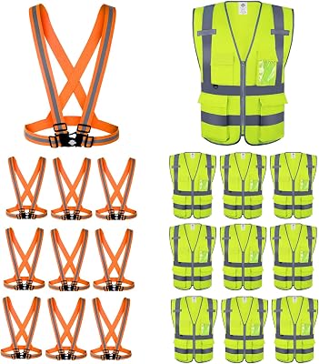 Dazonity High Visibility Safety Vest with Multi Pockets and Zipper, 20pcs,L,Reflective Strip Running Safety Gear, Fit for Men & Women, Work, Construction,Cycling, Runnning, Surveyor, Volunteer