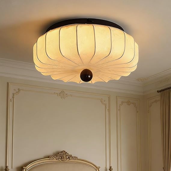 Round Lantern Ceiling Lights White Wabi-Sabi,Φ40cm Fabric Lampshade Kitchen Lights Ceiling,Beige Graphic Printed Dimmable 3000-6000K Ceiling Lamp with Remote Control for Living Room. [Energy Class F]
