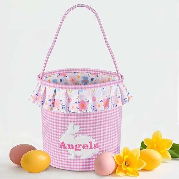 Easter Basket, Jocidea Personalized Easter Baskets, Easter Bunny Basket, Easter Egg Hunt Baskets - Pink Basket with Flower