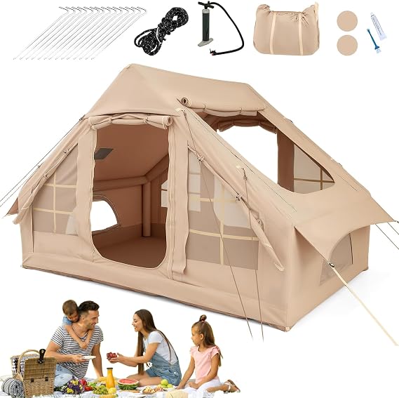 4-6 Person Inflatable Camping Tent, Instant Setup Air Tent with 2 Doors, 4 Mesh Windows & Skylight, Weather Resistant Family Tent with Carry Bag, for Family Camping Glamping Beach Hiking
