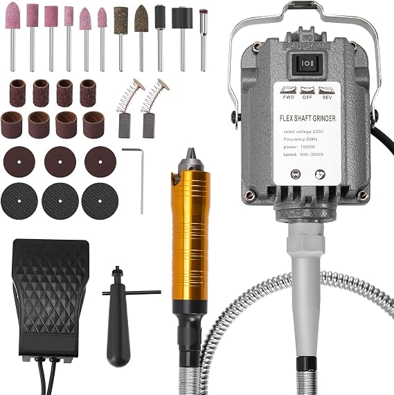 Flex Shaft Rotary Tool, 1000W 30000RPM Hanging Grinder Carver with Foot Pedal Control, Forward and Reverse Rotation, Multi-Function DIY, Craft, Metalworking Jewelry Repair Kit