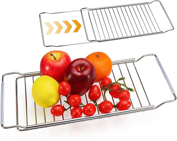 Expandable Over The Sink Dish Drainer Drying Rack, Stainless Steel Telescopic Sink Storage Rack, Kitchen Sink Caddy Organizer Sponge Holder