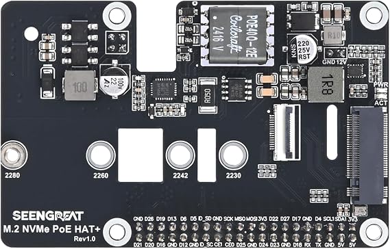 Compatible for Raspberry Pi 5 M.2 NVMe PoE HAT+ Expansion Board PCIe Interface, NVMe SSD Boot, PoE Power Supply, Supports Gen2/Gen3 & 2230/2242/2260/2280 M.2 SSDs