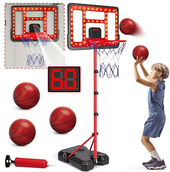 Kids Basketball Hoop, Adjustable Height Basketball Toys with LED Scoreboard | Mini Basketball Set for Outdoor Backyard Sport Game, Christmas Birthday Gifts for Boys Girls Ages 3 4 5 6 7 8 Year Old