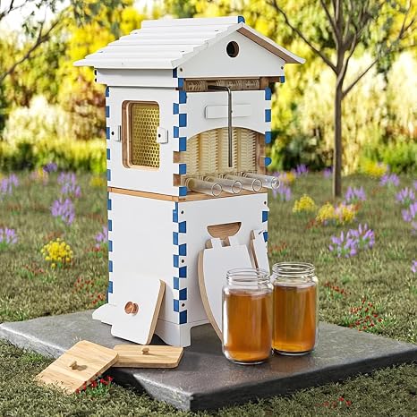 Beehive Starter Kit, Self-Flow Bee Hives Boxes Beekeeping Starter Kit, Wooden Bee Box with 6 Honeycomb Trays, Frame Complete Bee Box with Observation Window & Honey Spout,Carpenter Bee House