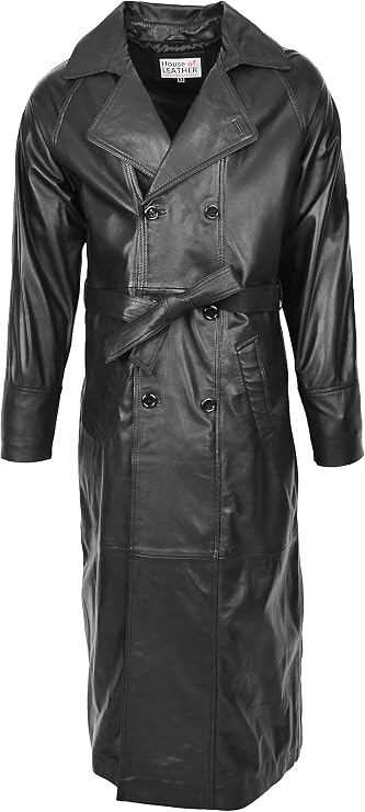 Mens Real Leather Full Length Coat Double Breasted Trench Pete Black