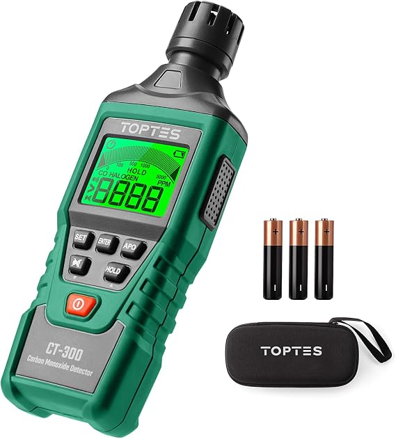TopTes CT-300 Portable Carbon Monoxide Detector, CO Detector with Audible & Visual Alarm, 0-5000PPM, CO Alarm, Backlit LCD Screen, for Home, Car, Camping& Travel (Includes Battery x3) - Green
