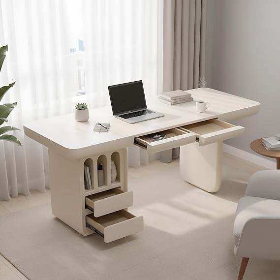63 Inch White Writing Desk with Storage, Modern Computer Desk with 4 Drawers for Study, Wooden Executive Desk for Home Office