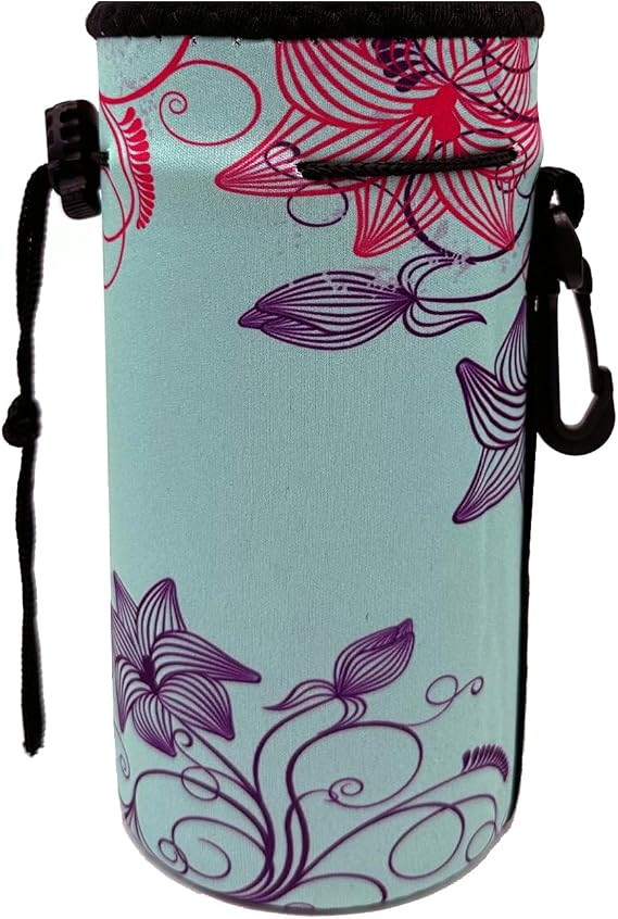 Water Bottle Bag Carrier, Neoprene Sleeve Portable Insulator Cover Drawstring Insulator for 18 Oz 20 Oz Water Bottle Outdoor Activities (Flower)