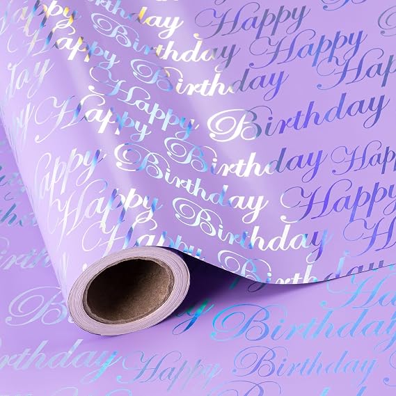 WRAPAHOLIC Reversible Birthday Wrapping Paper - Mini Roll - 17 Inch x 9.8 Feet - Puprle and Silver Foil Happy Birthday Wrapping Paper for Girls, Women, Kids, Baby Shower