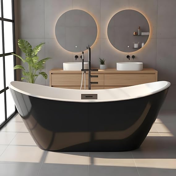 Freestanding Bathtub 59 Inch Compact Free Standing Bath Tub with Integrated Overflow & Pre-Installed Pipe, Exterior Black Interior White, Apartment Bathroom Soaking Tub for Small Spaces