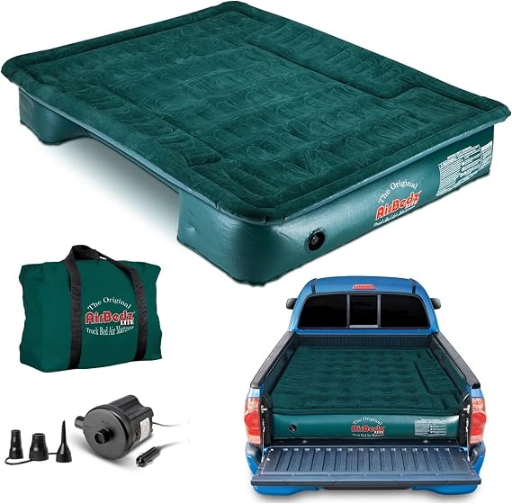 Pittman Outdoors AirBedz Lite Truck Bed Air Mattress with 25% More Coverage, Portable DC Corded Pump, Full Size - Standard Bed - 6' - 6.5, Wheel Well Cutouts, Camping & Travel Use, Green PPI PV202C