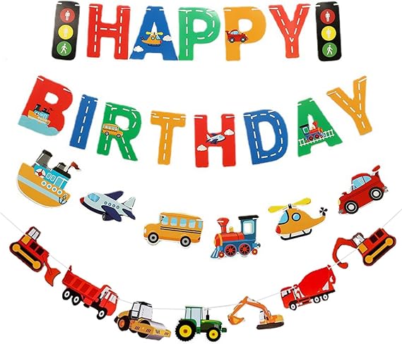 4 pack Transportation Happy Birthday Banner, Car Bus Train Plane Ship Helicopter Traffic Light Photo Props Garland, Vehicle Truck Construction Party Decorations Set for Birthday Party, Baby Shower