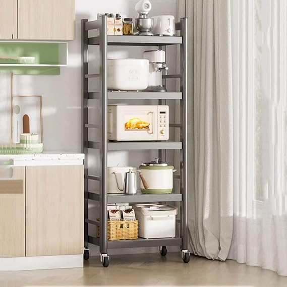 Adjustable Freestanding Microwave Oven Rack with 4 Rolling Casters Metal Kitchen Storage Shelf for Dishes Pots and Pans - Space-Saving (30x41x156cm)