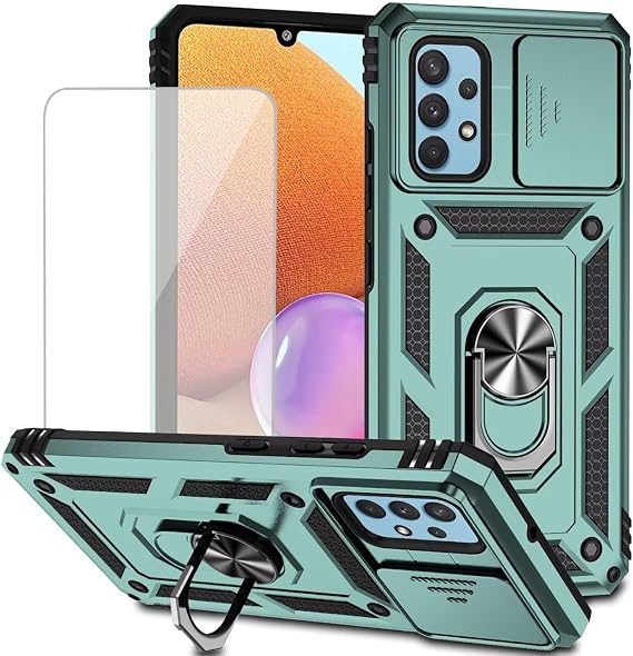 for Galaxy A32 4G Case, Samsung A32 4G SM-A325F Case with Tempered Glass Screen Protector and Slide Camera Cover, Magnetic Ring Car Mount Holder Kickstand Cover for Samsung Galaxy A32 4G Green