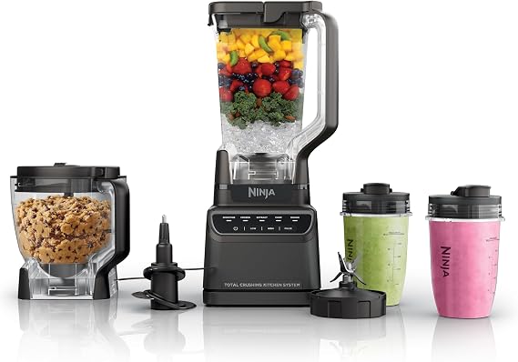 Ninja Kitchen System All-in-One, 72oz Pitcher, 8-Cup, 1200W, Grey, BR601AMZ | Blends smoothies & frozen drinks, processes salsa & dough. 72-oz pitcher, 8-cup processor bowl, (2) 18-oz cups.